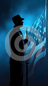 A silhouette of a soldier saluting the flag