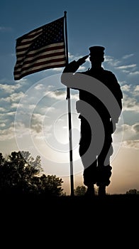 A silhouette of a soldier saluting the flag