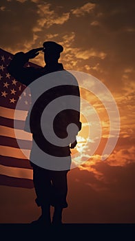 A silhouette of a soldier saluting the flag