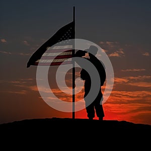 A silhouette of a soldier saluting the flag