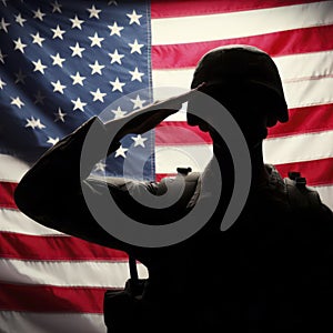 Silhouette of Soldier saluting in front of the American flag. A military. ai generative