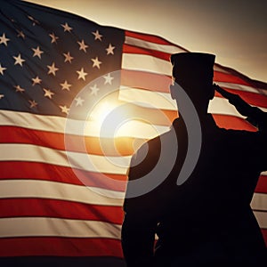 Silhouette of Soldier saluting in front of the American flag. A military. ai generative