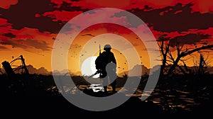 silhouette of soldier standing on devastated land after battle, military infantry warrior on battlefield on ruined city