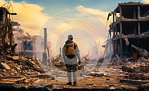 silhouette of soldier standing on devastated land after battle, military infantry warrior on battlefield on ruined city