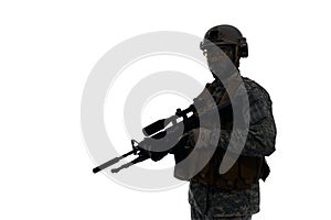 Silhouette of soldier wearing body armour and helmet.