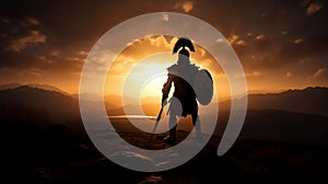 silhouette of a soldier wearing a spartan helmet stands against the backdrop of a sunset