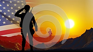 Silhouette of a soldiers against the sunset with USA flag