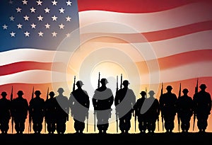 a silhouette of soldiers with the american flag in the background