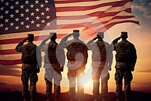 Silhouette of soldiers on the background of the American flag, USA army soldiers saluting on a background of sunset or sunrise and