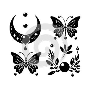 Silhouette Solid Vector Icon Set Of butterflies, Moth, Lepidopteran, Insect, Papillon. photo