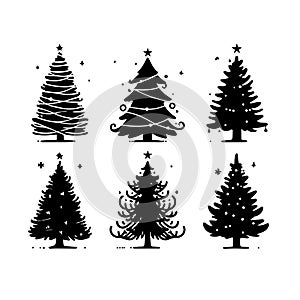 Silhouette Solid Vector Icon Set Of Christmas Tree, Yule, Fir, Tannenbaum, Evergreen, Conifer, Pine, Holiday, Festive