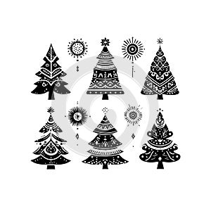 Silhouette Solid Vector Icon Set Of Christmas Tree, Yule, Fir, Tannenbaum, Evergreen, Conifer, Pine, Holiday, Festive