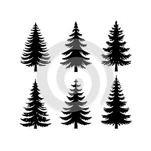 Silhouette Solid Vector Icon Set Of Christmas Tree, Yule, Fir, Tannenbaum, Evergreen, Conifer, Pine, Holiday, Festive