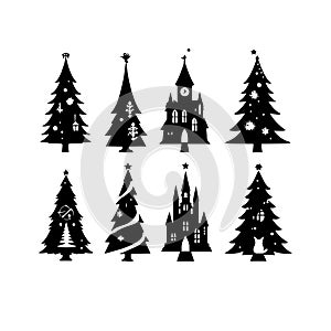 Silhouette Solid Vector Icon Set Of Christmas Tree, Yule, Fir, Tannenbaum, Evergreen, Conifer, Pine, Holiday, Festive