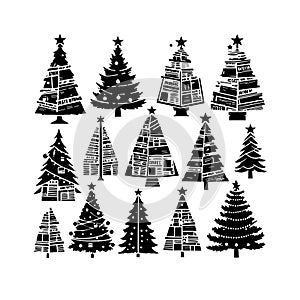 Silhouette Solid Vector Icon Set Of Christmas Tree, Yule, Fir, Tannenbaum, Evergreen, Conifer, Pine, Holiday, Festive