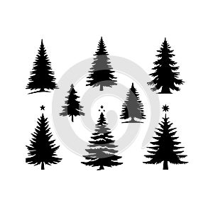 Silhouette Solid Vector Icon Set Of Christmas Tree, Yule, Fir, Tannenbaum, Evergreen, Conifer, Pine, Holiday, Festive