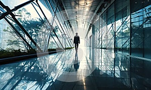 Silhouette of a solitary businessman walking through a modern glass corridor in a corporate building, symbolizing corporate