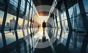 Silhouette of a solitary businessman walking through a modern glass corridor in a corporate building, symbolizing corporate