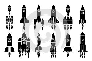 Silhouette space rocket start up launch science star exploration innovation design icons isolated on white set vector