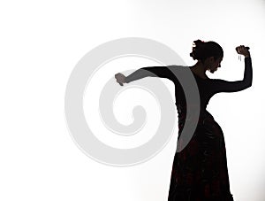 Silhouette of spanish girl flamenco dancer on a light background. free space for your text