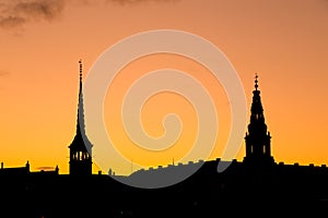 Silhouette of spires Borsen and Christiansborg palace