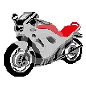 Silhouette of a sports bike of gray color with red graying drawn by squares, pixels. Vehicle. Vector illustration