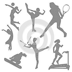 Silhouette of sports girls, sport icons, silhouette of a girl, linear art, vector illustration, eps 10