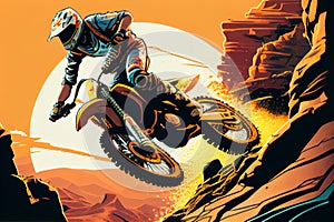 Silhouette of a sports motorbike on a mountainous area at sunset. AI Generated