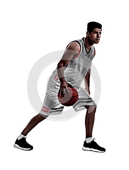 Silhouette of sportsman playing basketball on white background