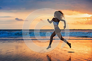 Silhouette of sporty girl running by beach sea surf pool photo