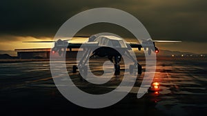 Silhouette of spy drone ready for takeoff on the runway