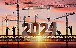 Silhouette staff works as a to prepare to welcome the new year 2024. Construction team sets numbers for New Year 2024. Large