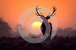 Silhouette of stag peacefully grazes in a tranquil meadow at sunrise