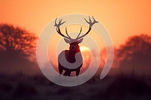 Silhouette of stag peacefully grazes in a tranquil meadow at sunrise