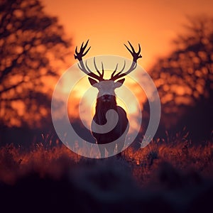 Silhouette of stag peacefully grazes in a tranquil meadow at sunrise