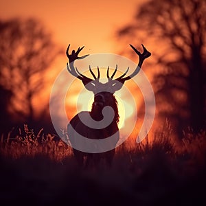 Silhouette of stag peacefully grazes in a tranquil meadow at sunrise