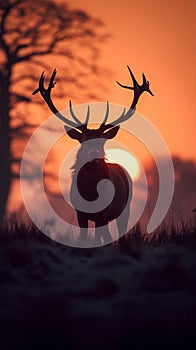 Silhouette of stag peacefully grazes in a tranquil meadow at sunrise