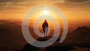 Silhouette standing on mountain peak, back lit by sunrise, achieving success generated by AI