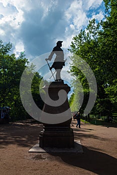 Silhouette of the statue of Peter 1 in Peterhof lower garden, St