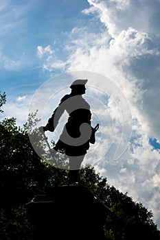 Silhouette of the statue of Peter 1 in Peterhof lower garden, St