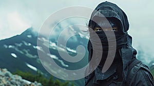 Silhouette of stealthy ninja in black garb standing against majestic mountain background photo