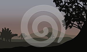Silhouette of stegosaurus in fields