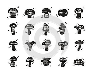 Silhouette stickers set of edible mushrooms. Black icons with lettering inside and abstract spots