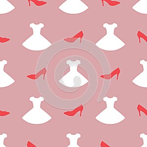 Silhouette of stilettos and dresses. Colorful seamless pattern.