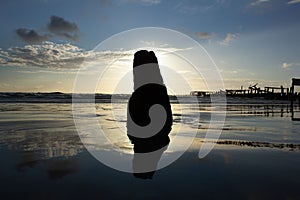 Silhouette of a stone at the Cannon Beach in Oregon at sunset