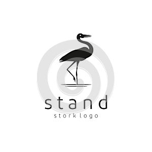 Silhouette Stork Heron Bird on River lake logo design