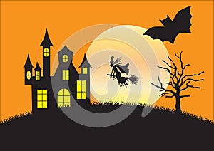 Silhouette of strange house, witch and bat