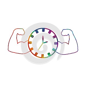 silhouette strong arm muscle with clock time to work vector illustration
