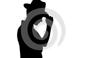 Silhouette of stylish young man in business hat, profile of unrecognizable guy on white isolated background