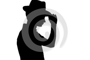 Silhouette of stylish young man in business hat, profile of unrecognizable person on white isolated background